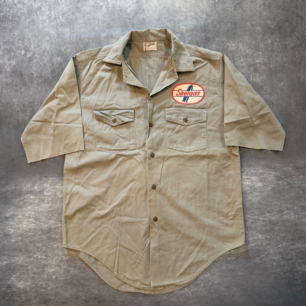 Vintage Cranbrook Skelgas Work Shirt Gray Cut Off Short Sleeve Patch L XL